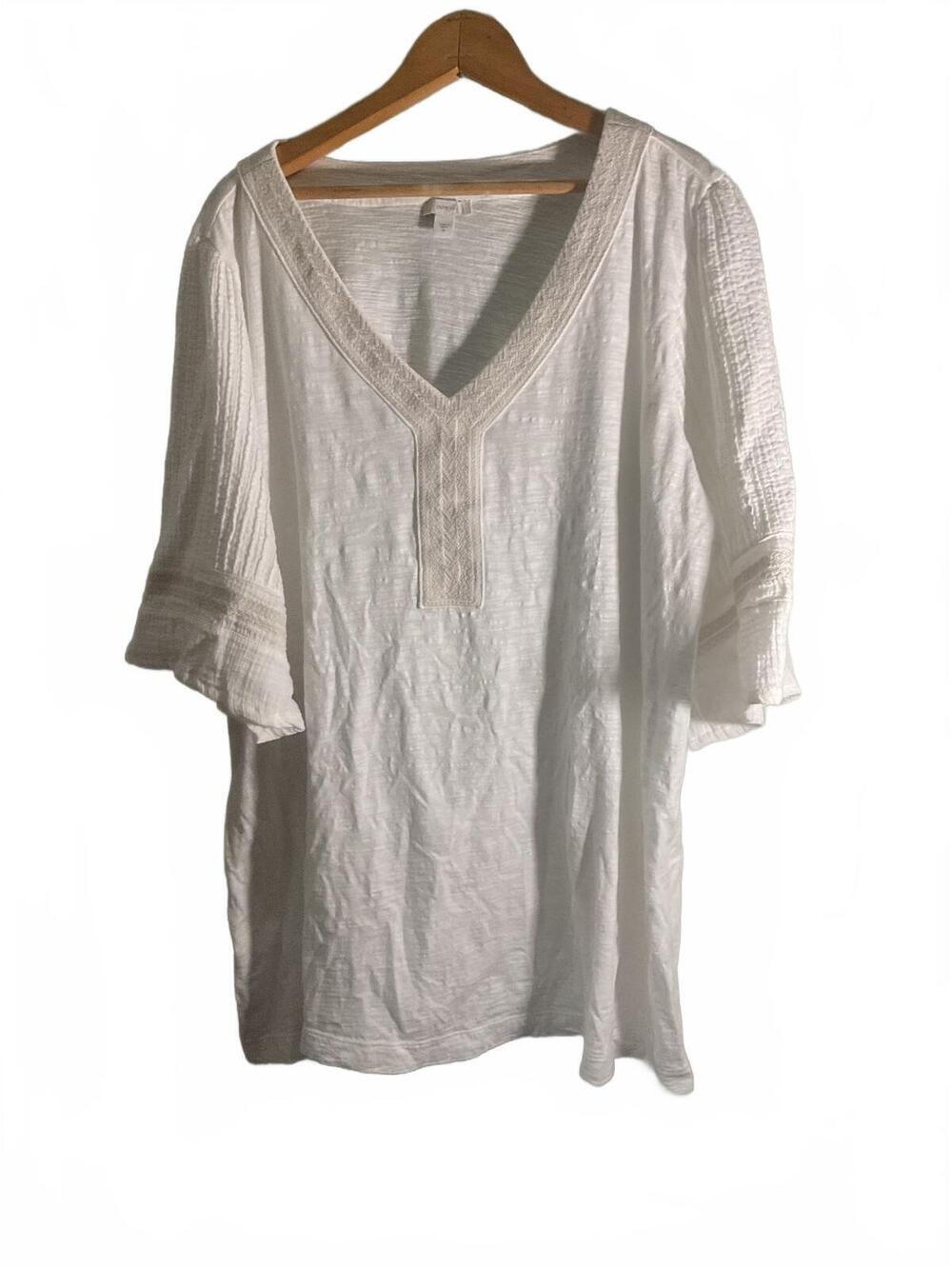 Pure Jill White Cotton  Embroidered V-Neck Blouse Size 2X